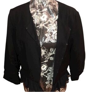 Elle size large black 3/4 sleeve jacket sheer trim eye hook closure fits 10/12
